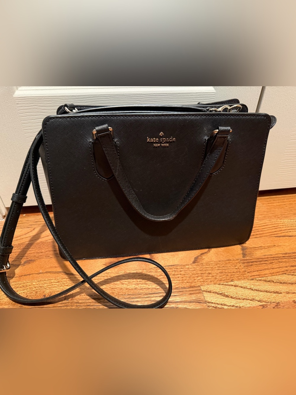 Kate Spade Black Leather Satchel with Silver Trim